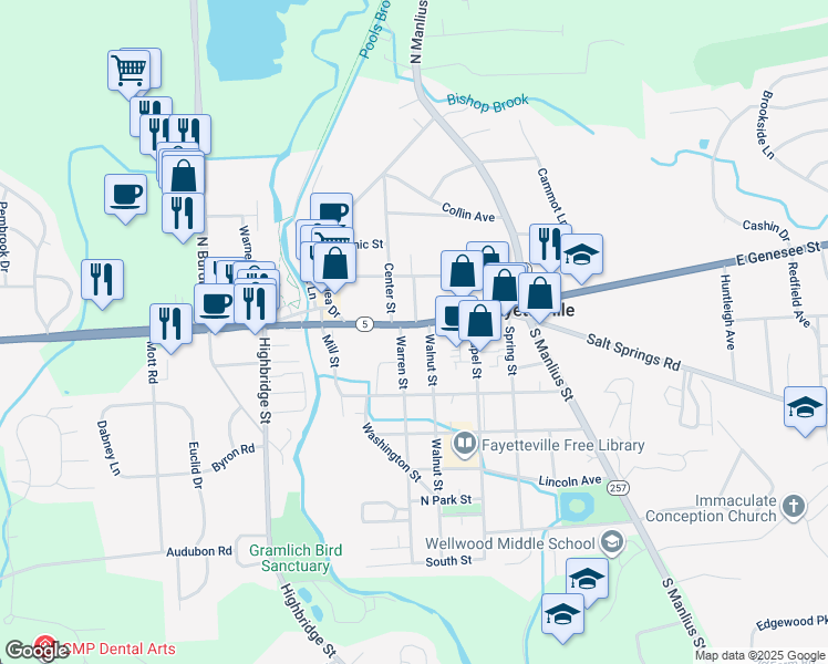 map of restaurants, bars, coffee shops, grocery stores, and more near 204 East Genesee Street in Fayetteville