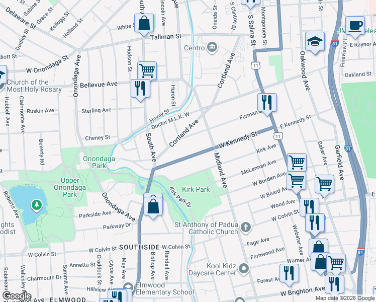 map of restaurants, bars, coffee shops, grocery stores, and more near 340 New York 175 in Syracuse