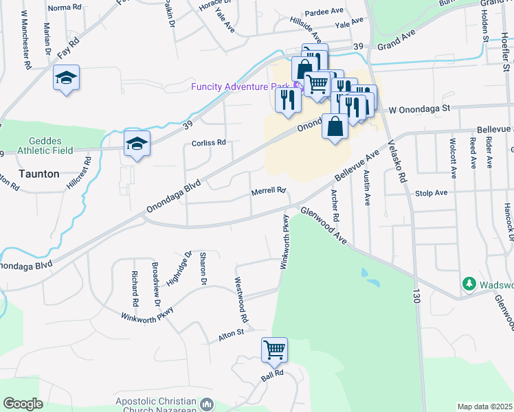map of restaurants, bars, coffee shops, grocery stores, and more near 108 Huntington Road in Syracuse