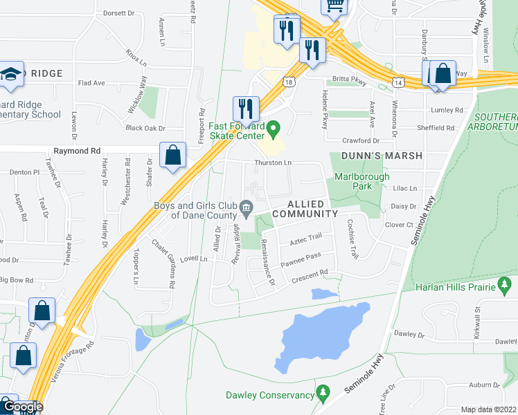 map of restaurants, bars, coffee shops, grocery stores, and more near 4602 Jenewein Road in Fitchburg
