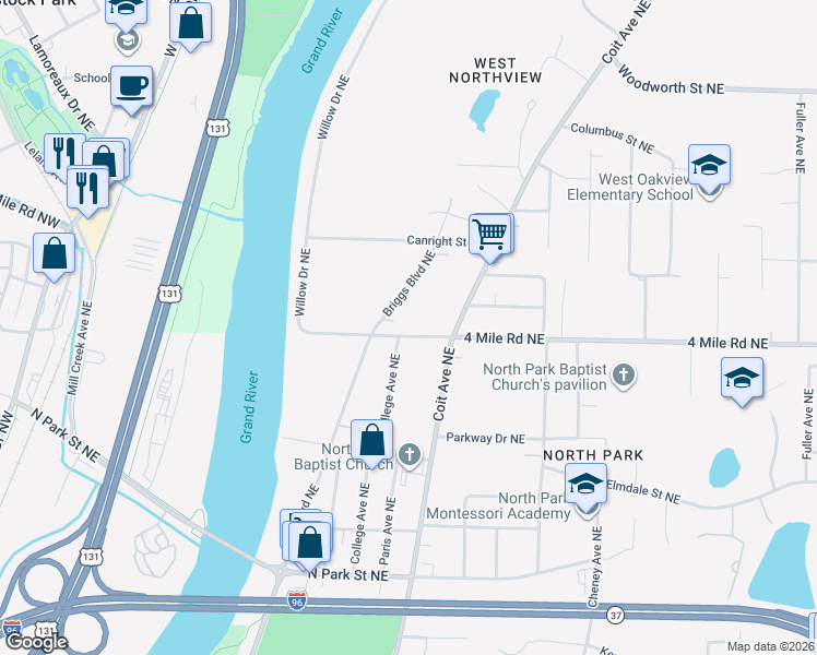 map of restaurants, bars, coffee shops, grocery stores, and more near 647 4 Mile Road Northeast in Grand Rapids