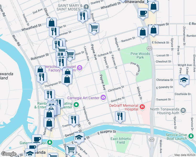 map of restaurants, bars, coffee shops, grocery stores, and more near 216 Payne Avenue in North Tonawanda