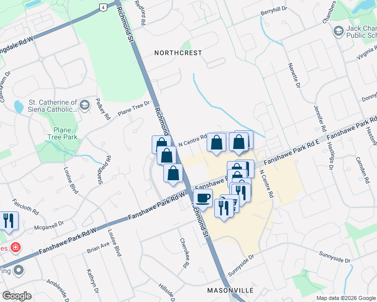 map of restaurants, bars, coffee shops, grocery stores, and more near 215 North Centre Road in London