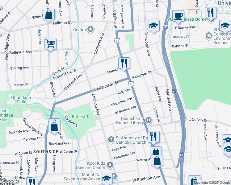 map of restaurants, bars, coffee shops, grocery stores, and more near 119 Kirk Avenue in Syracuse