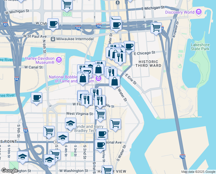 map of restaurants, bars, coffee shops, grocery stores, and more near 201 East Pittsburgh Avenue in Milwaukee