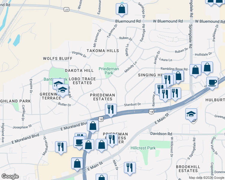 map of restaurants, bars, coffee shops, grocery stores, and more near 1924 Fieldcrest Lane in Waukesha