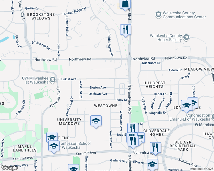 map of restaurants, bars, coffee shops, grocery stores, and more near 2024 Norton Avenue in Waukesha