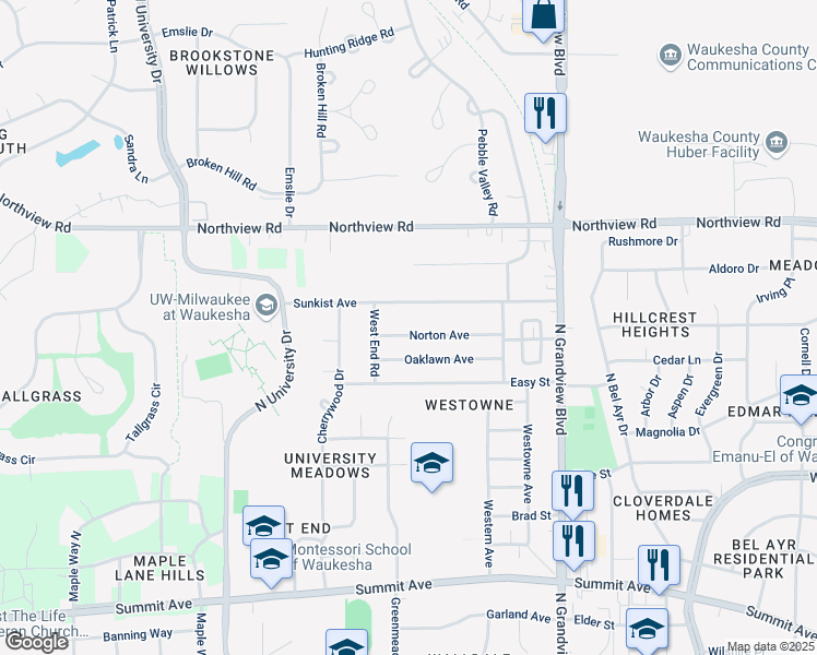 map of restaurants, bars, coffee shops, grocery stores, and more near 2125 Norton Avenue in Waukesha