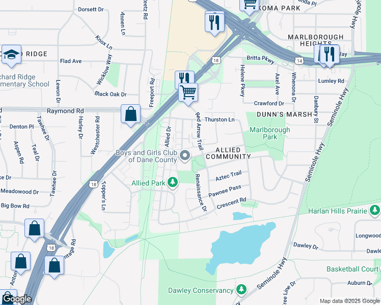 map of restaurants, bars, coffee shops, grocery stores, and more near 4602 Jenewein Road in Fitchburg