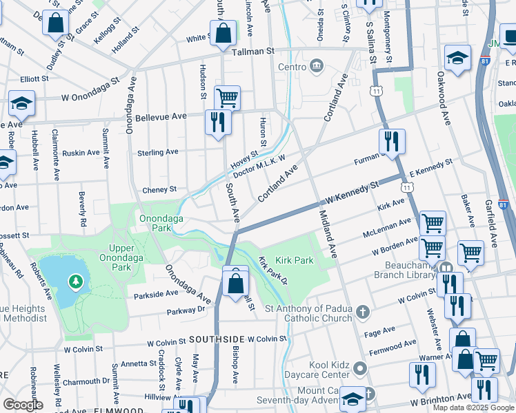 map of restaurants, bars, coffee shops, grocery stores, and more near 519 Cortland Avenue in Syracuse