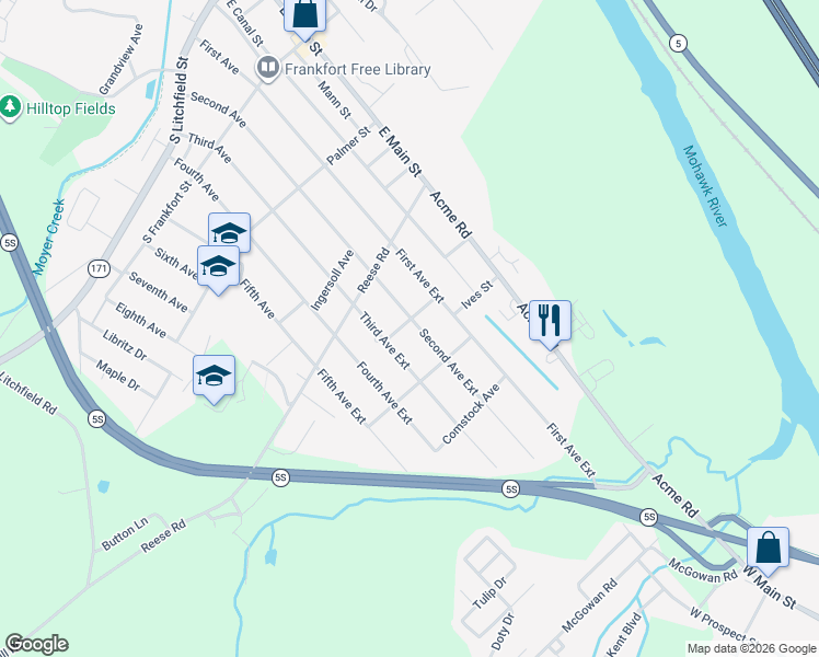 map of restaurants, bars, coffee shops, grocery stores, and more near 420 Second Avenue Extension in Frankfort