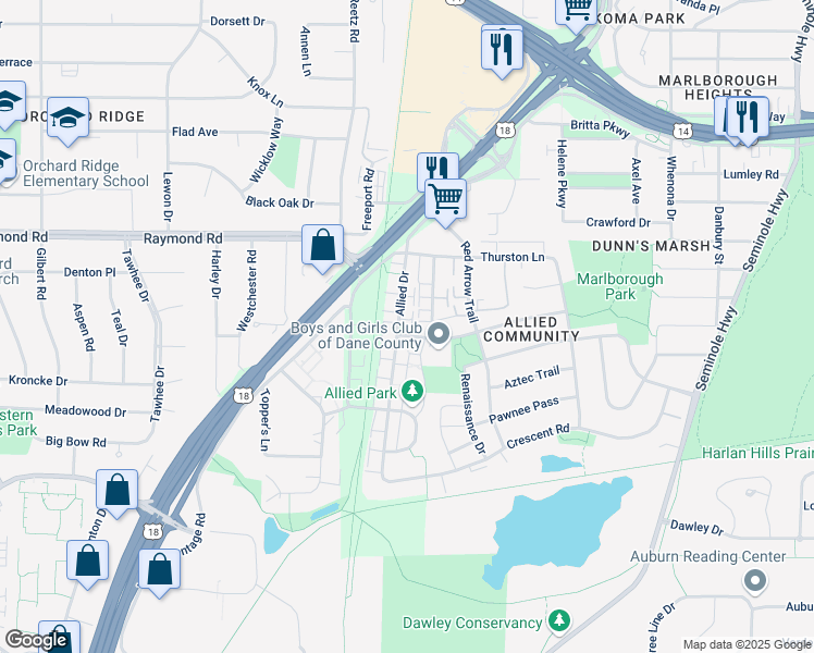 map of restaurants, bars, coffee shops, grocery stores, and more near 2237 Allied Drive in Madison
