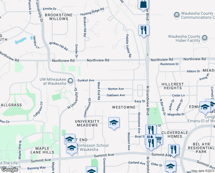 map of restaurants, bars, coffee shops, grocery stores, and more near 2125 Norton Avenue in Waukesha