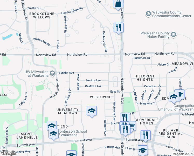 map of restaurants, bars, coffee shops, grocery stores, and more near 2024 Norton Avenue in Waukesha