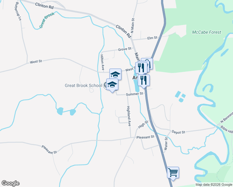 map of restaurants, bars, coffee shops, grocery stores, and more near 20 Summer Street in Antrim