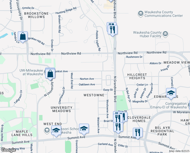 map of restaurants, bars, coffee shops, grocery stores, and more near 2024 Norton Avenue in Waukesha