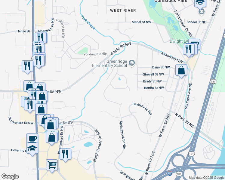 map of restaurants, bars, coffee shops, grocery stores, and more near 247 Timber Creek Circle Northwest in Comstock Park