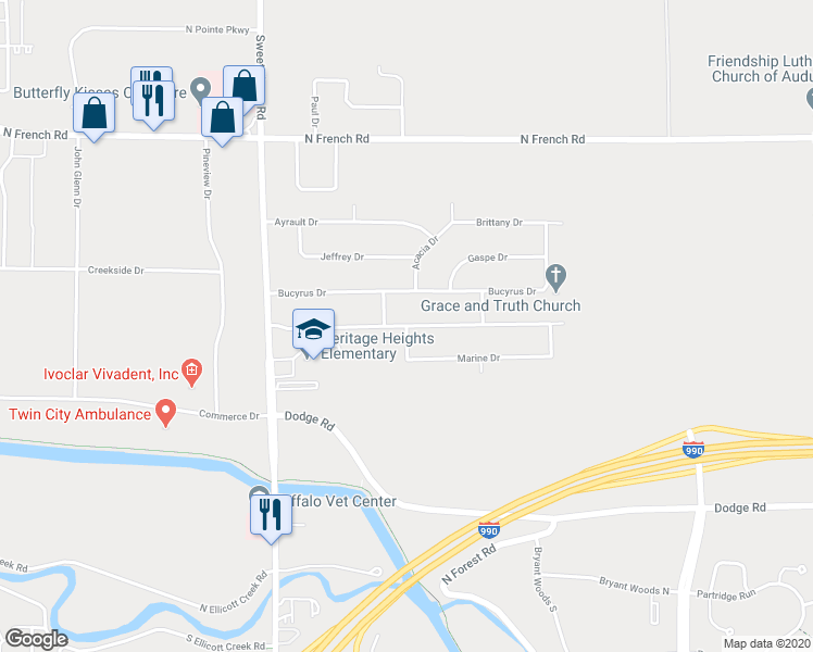 map of restaurants, bars, coffee shops, grocery stores, and more near 2 Marine Drive in Buffalo