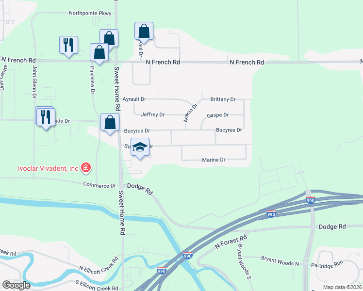 map of restaurants, bars, coffee shops, grocery stores, and more near Sunshine Drive & Marine Drive in Buffalo