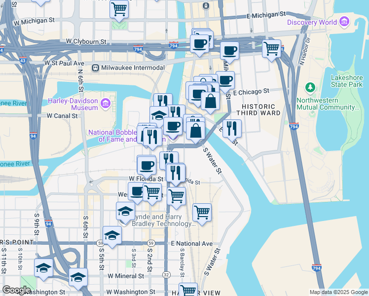 map of restaurants, bars, coffee shops, grocery stores, and more near 204 South Barclay Street in Milwaukee