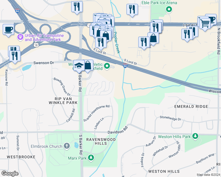 map of restaurants, bars, coffee shops, grocery stores, and more near 347 Terrace Drive in Brookfield