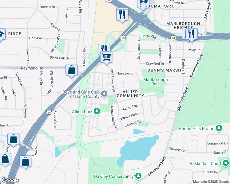 map of restaurants, bars, coffee shops, grocery stores, and more near 2231 Red Arrow Trail in Fitchburg