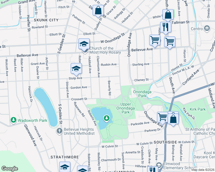 map of restaurants, bars, coffee shops, grocery stores, and more near 345 Clairmonte Avenue in Syracuse