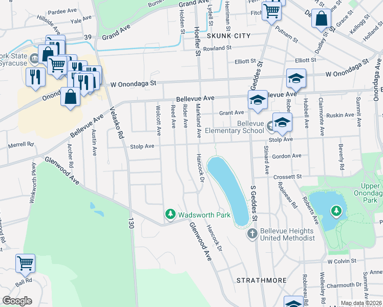 map of restaurants, bars, coffee shops, grocery stores, and more near 226 Rider Avenue in Syracuse