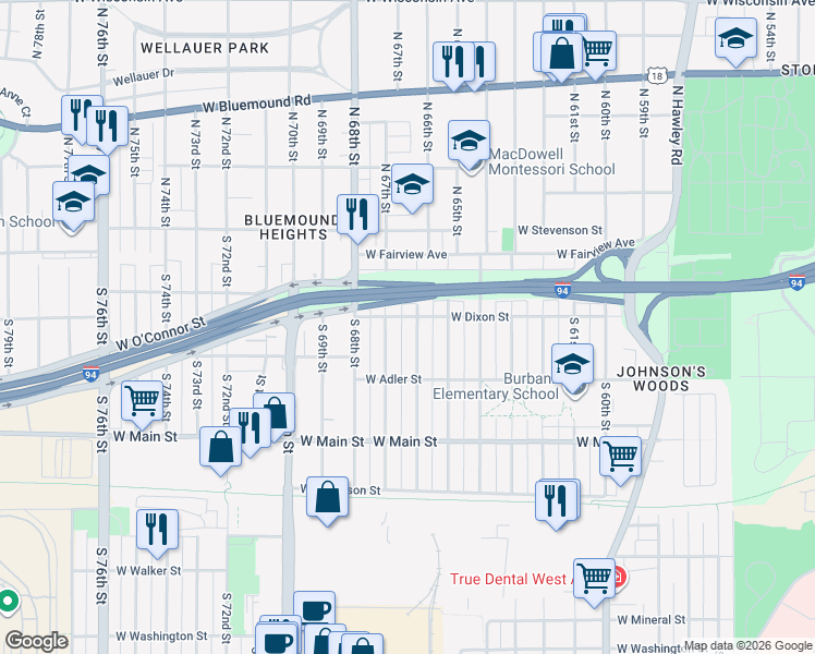 map of restaurants, bars, coffee shops, grocery stores, and more near 224 South 67th Street in Milwaukee