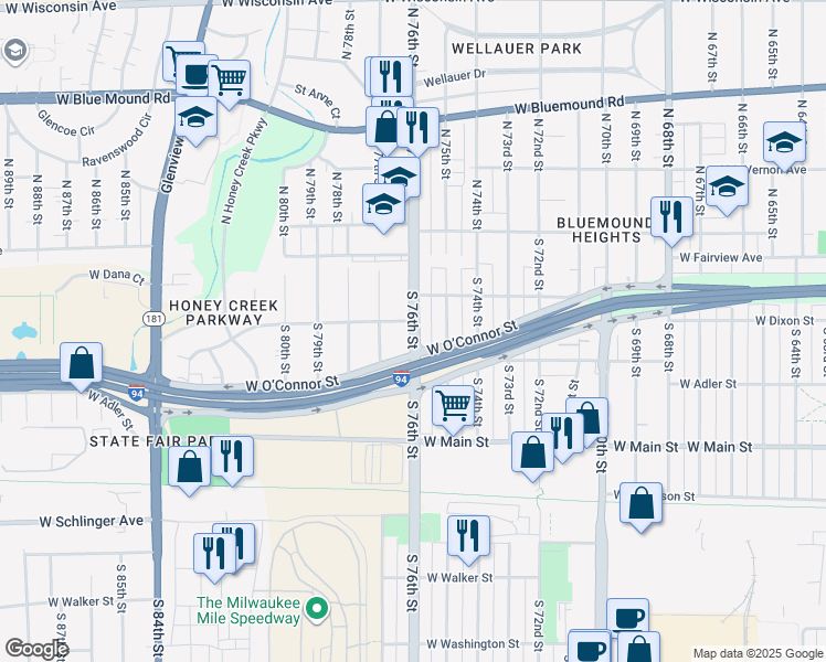 map of restaurants, bars, coffee shops, grocery stores, and more near 307-309 South 76th Street in Milwaukee