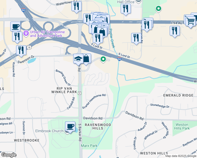 map of restaurants, bars, coffee shops, grocery stores, and more near 385 Lindsay Lane in Brookfield