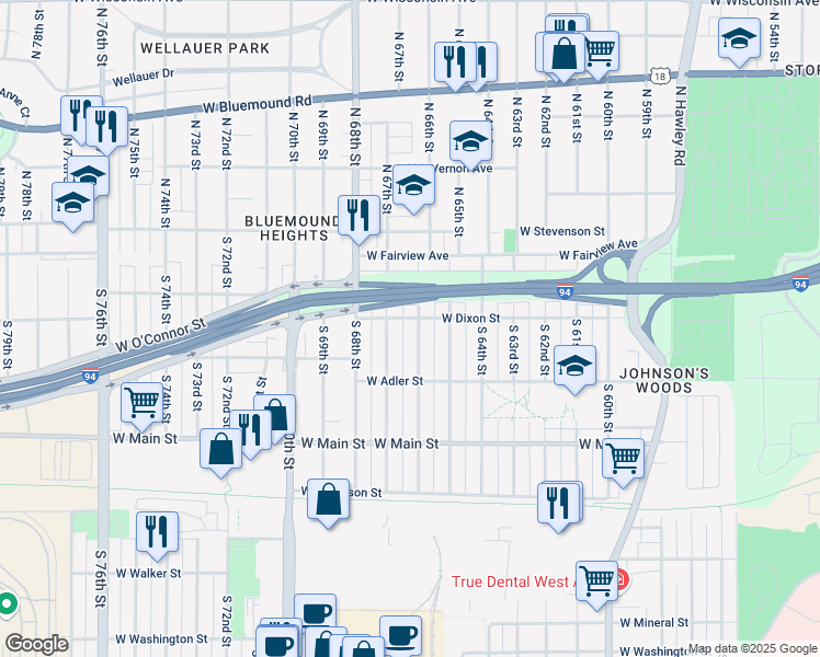 map of restaurants, bars, coffee shops, grocery stores, and more near 224 South 67th Street in Milwaukee
