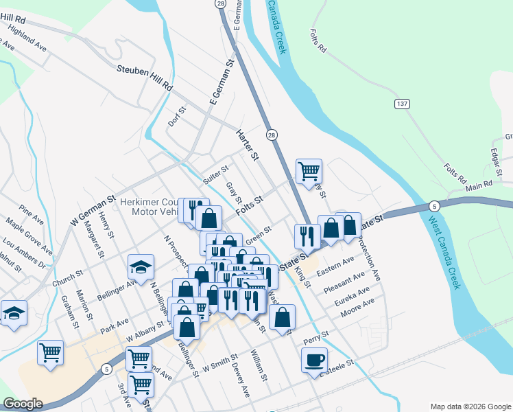 map of restaurants, bars, coffee shops, grocery stores, and more near 20 20 Folts Street in Herkimer
