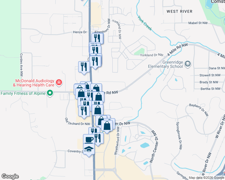 map of restaurants, bars, coffee shops, grocery stores, and more near 670 4 Mile Road Northwest in Comstock Park