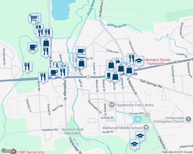 map of restaurants, bars, coffee shops, grocery stores, and more near E Genesee St & Warren St in Fayetteville