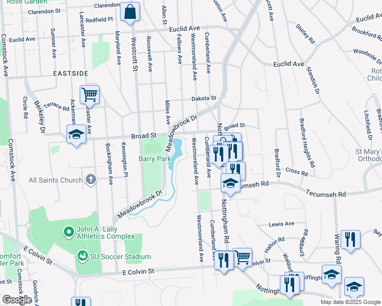 map of restaurants, bars, coffee shops, grocery stores, and more near 1302 Westmoreland Avenue in Syracuse