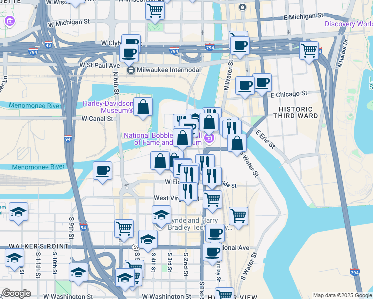 map of restaurants, bars, coffee shops, grocery stores, and more near 223 West Pittsburgh Avenue in Milwaukee