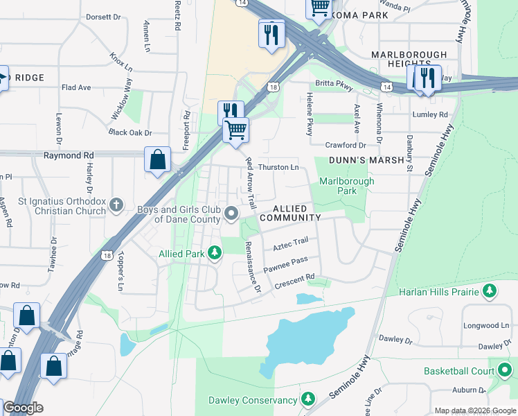 map of restaurants, bars, coffee shops, grocery stores, and more near 2229 Red Arrow Trail in Fitchburg