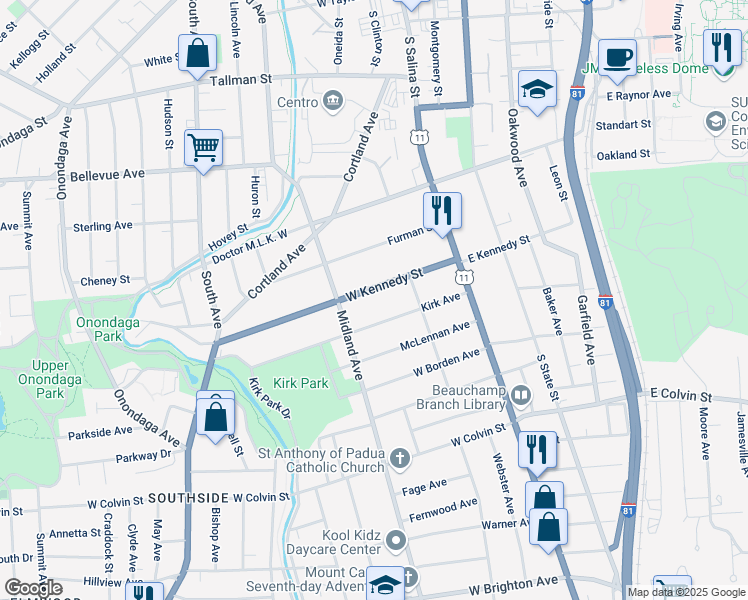 map of restaurants, bars, coffee shops, grocery stores, and more near 243 West Kennedy Street in Syracuse