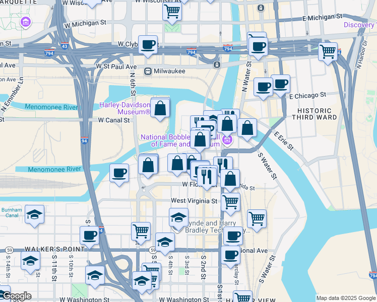 map of restaurants, bars, coffee shops, grocery stores, and more near 511 West Freshwater Way in Milwaukee