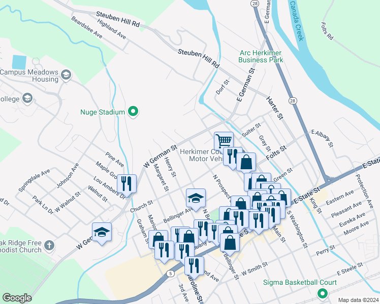 map of restaurants, bars, coffee shops, grocery stores, and more near 429 North Prospect Street in Herkimer