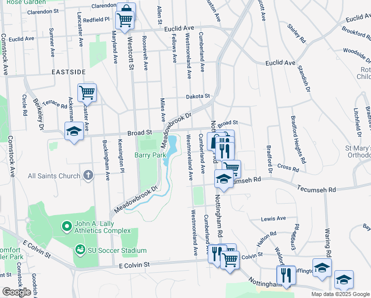 map of restaurants, bars, coffee shops, grocery stores, and more near 1302 Westmoreland Avenue in Syracuse
