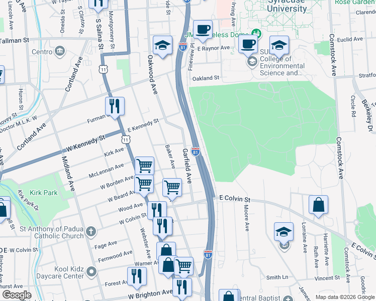 map of restaurants, bars, coffee shops, grocery stores, and more near 103-05 Glass Terrace in Syracuse