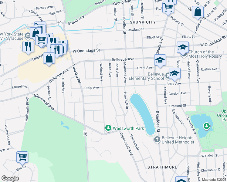 map of restaurants, bars, coffee shops, grocery stores, and more near 226 Rider Avenue in Syracuse