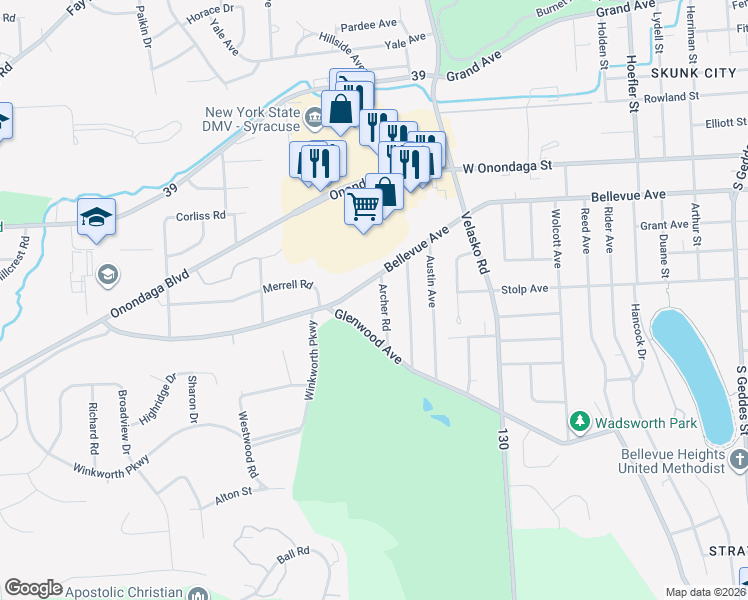 map of restaurants, bars, coffee shops, grocery stores, and more near 108 Archer Road in Syracuse
