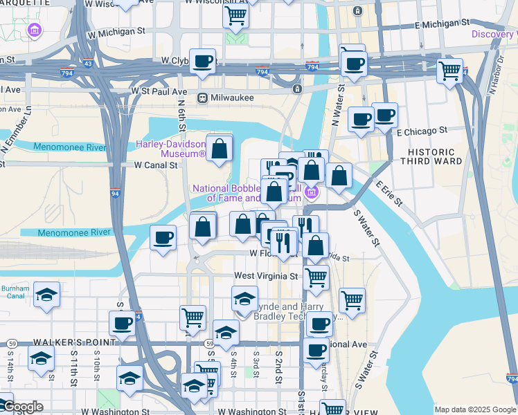 map of restaurants, bars, coffee shops, grocery stores, and more near 247 West Freshwater Way in Milwaukee