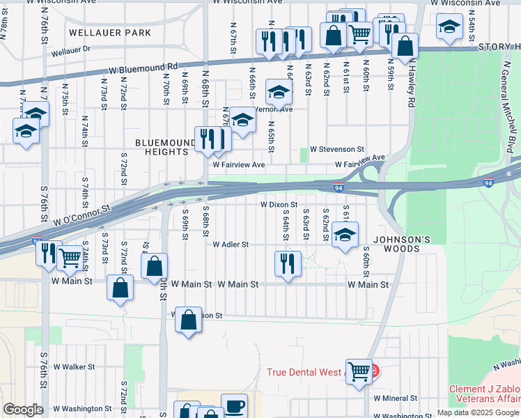map of restaurants, bars, coffee shops, grocery stores, and more near 226 South 66th Street in Milwaukee