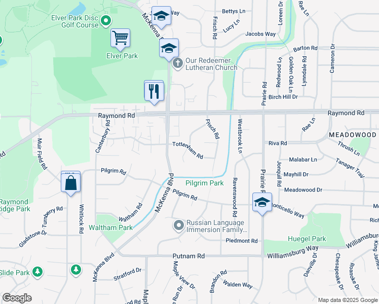 map of restaurants, bars, coffee shops, grocery stores, and more near 6517 Tottenham Road in Madison