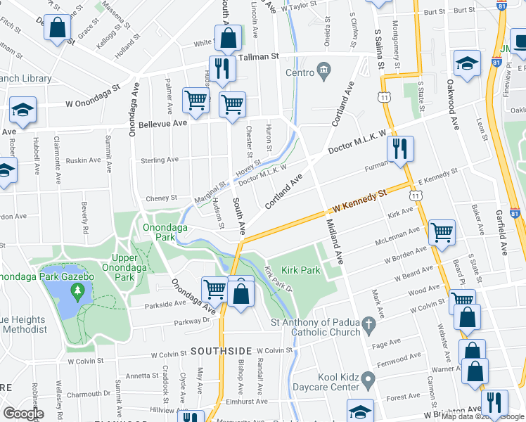 map of restaurants, bars, coffee shops, grocery stores, and more near Cortland Avenue & Dearborn Place in Syracuse