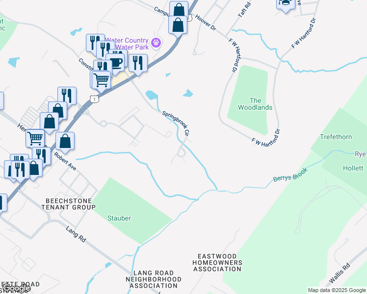 map of restaurants, bars, coffee shops, grocery stores, and more near 607 Spring Brook Circle in Portsmouth